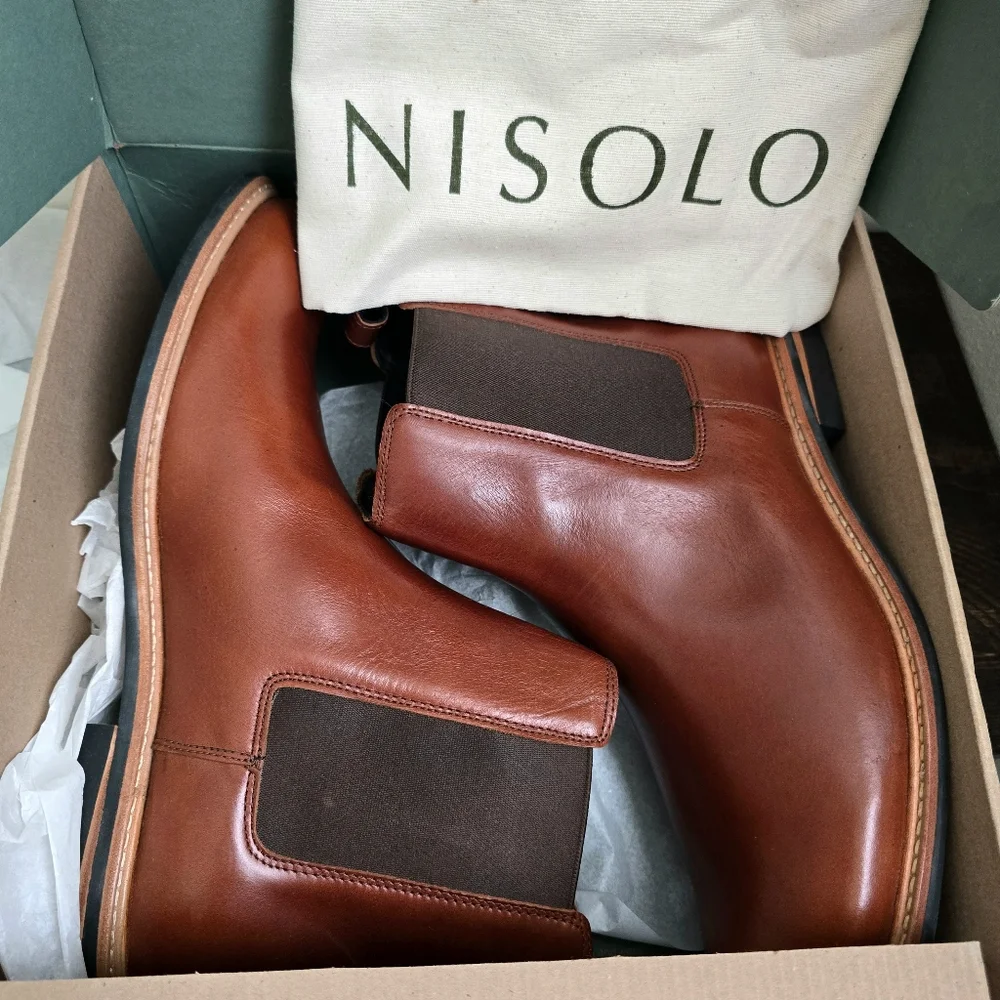 Nisolo Mens Leather All Weather Brandy‎ Classic Chelsea Boots Brown Size 12